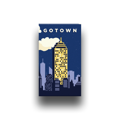 A dark blue poster with a stylized cityscape featuring a prominent yellow skyscraper and the text GOTOWN at the top