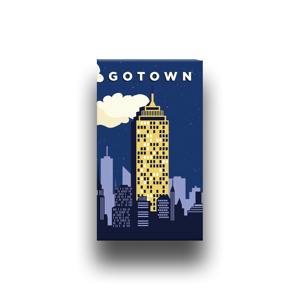 A dark blue poster with a stylized cityscape featuring a prominent yellow skyscraper and the text GOTOWN at the top