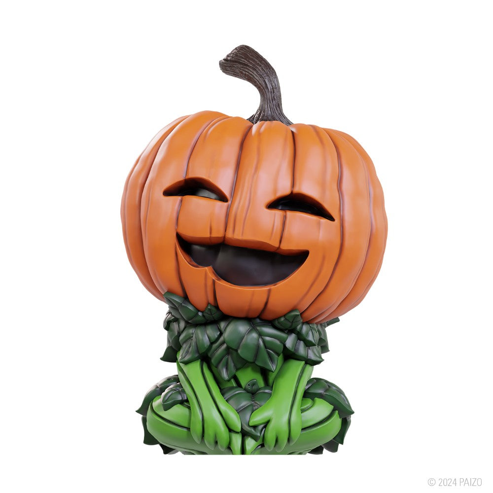 A friendly orange gourd leshy figure with a wide, laughing face and leafy green body sits cross-legged