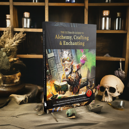 D&D 5E guide "Alchemy, Crafting & Enchanting" features a gnome alchemist holding a smoking potion in an arcane lab