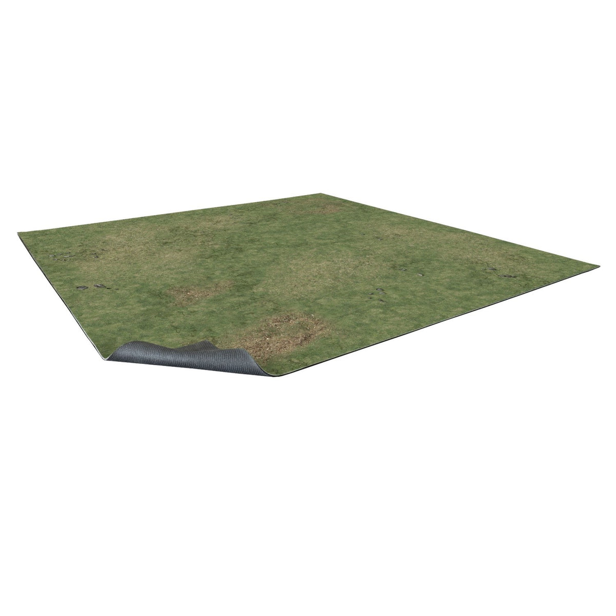 A square mat with a green grass texture and dirt patches, one corner lifted to show its dark, ridged underside.