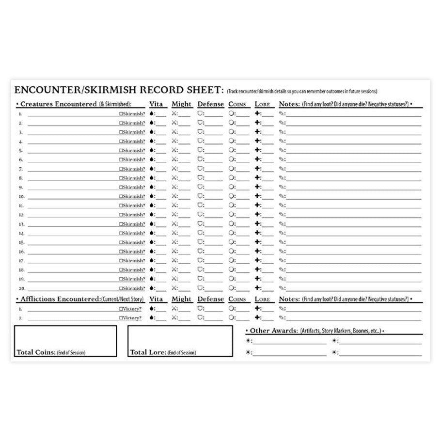 An Encounter/Skirmish Record Sheet for tracking game encounters, afflictions, and awards.