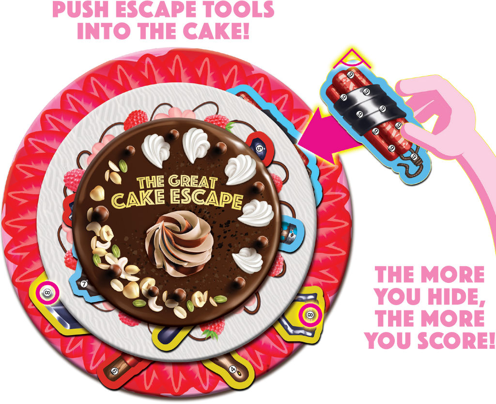 A hand pushes a dynamite-shaped escape tool into a cake-themed board game