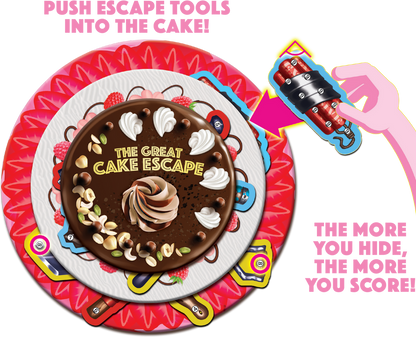 A hand pushes a dynamite-shaped escape tool into a cake-themed board game