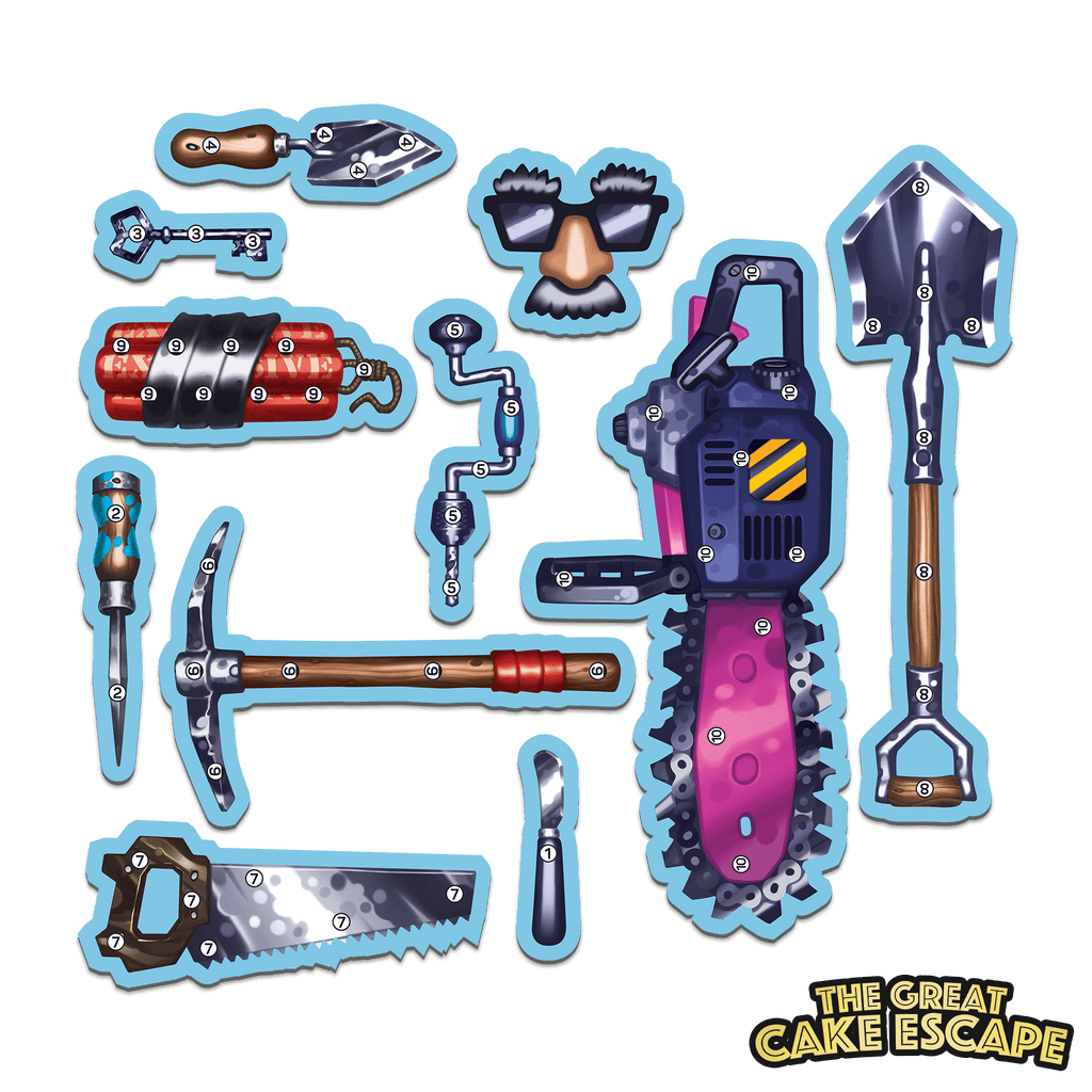 Stylized game tools, including a chainsaw, dynamite, and disguise, for 'The Great Cake Escape'
