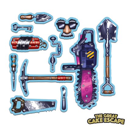Stylized game tools, including a chainsaw, dynamite, and disguise, for 'The Great Cake Escape'