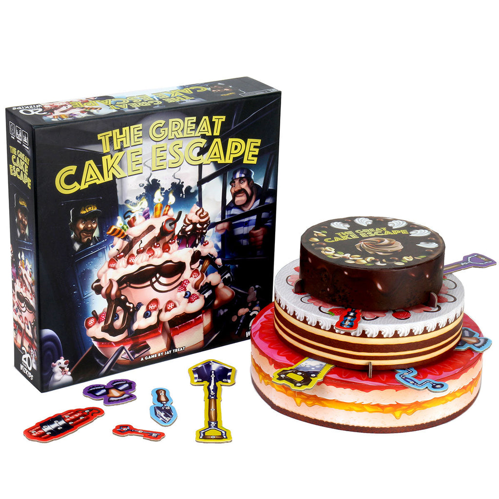 The Great Cake Escape board game box, 3D cake-shaped game board, and game pieces