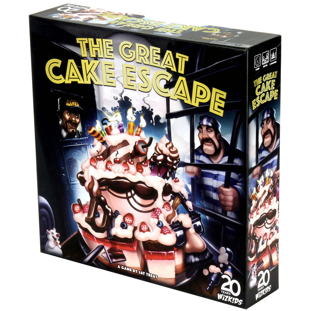 Board game box for "The Great Cake Escape," featuring a cake escaping prison