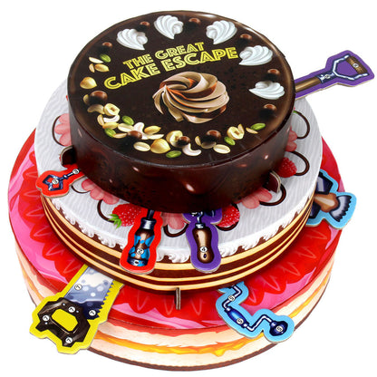 A multi-tiered cake-shaped board game, "The Great Cake Escape," with colourful tool-shaped pieces