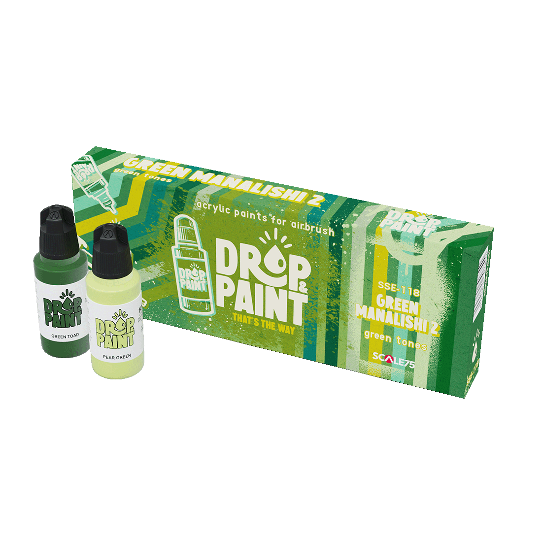 A Drop & Paint "Green Manalishi 2" airbrush paint set with two green acrylic paint bottles