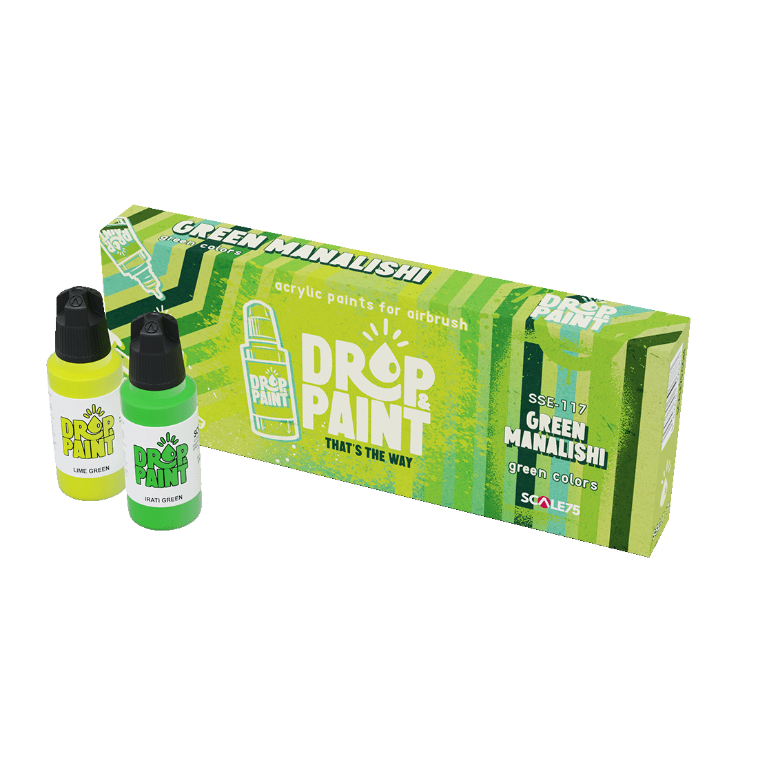 Drop & Paint Green Manalishi airbrush paint set: lime green and Irati green bottles with green box