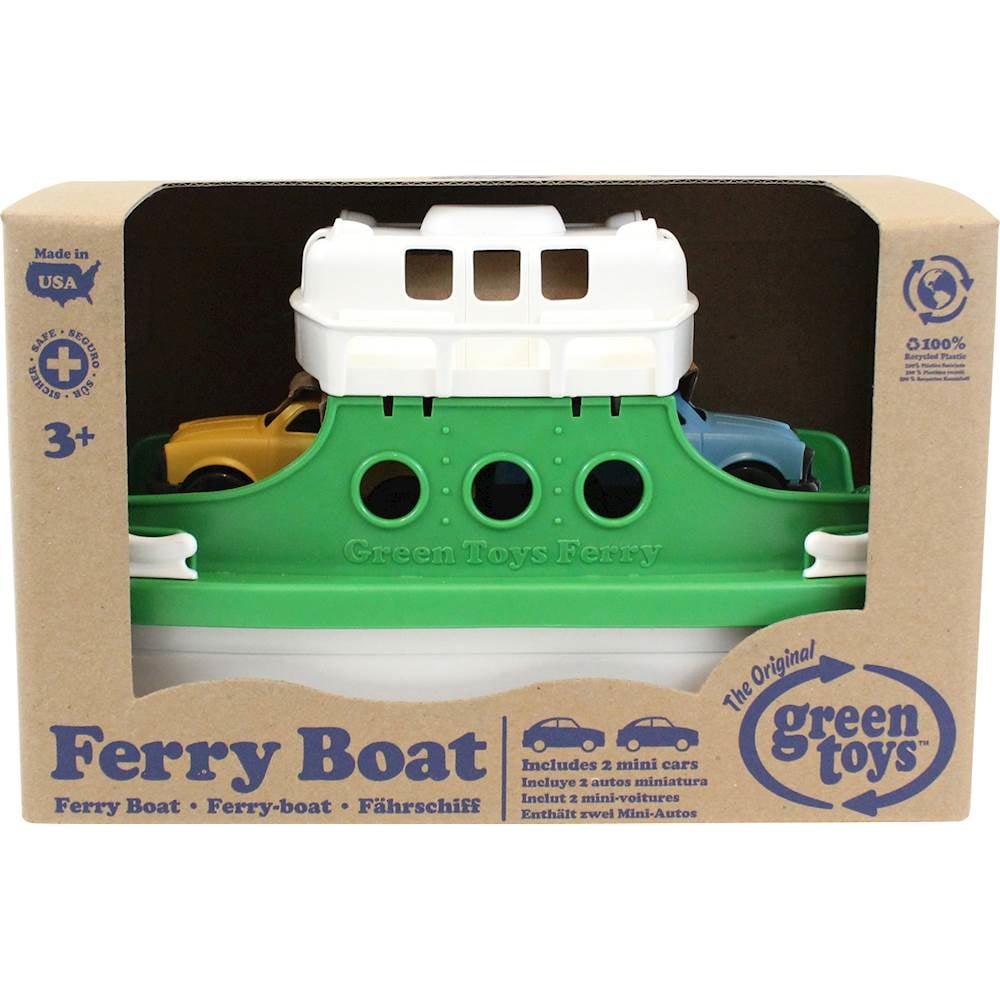 Green Toys Ferry Boat toy, made from recycled plastic, packaged with two miniature cars