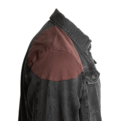 Side view of a dark grey denim jacket featuring a contrasting maroon-brown fabric shoulder patch