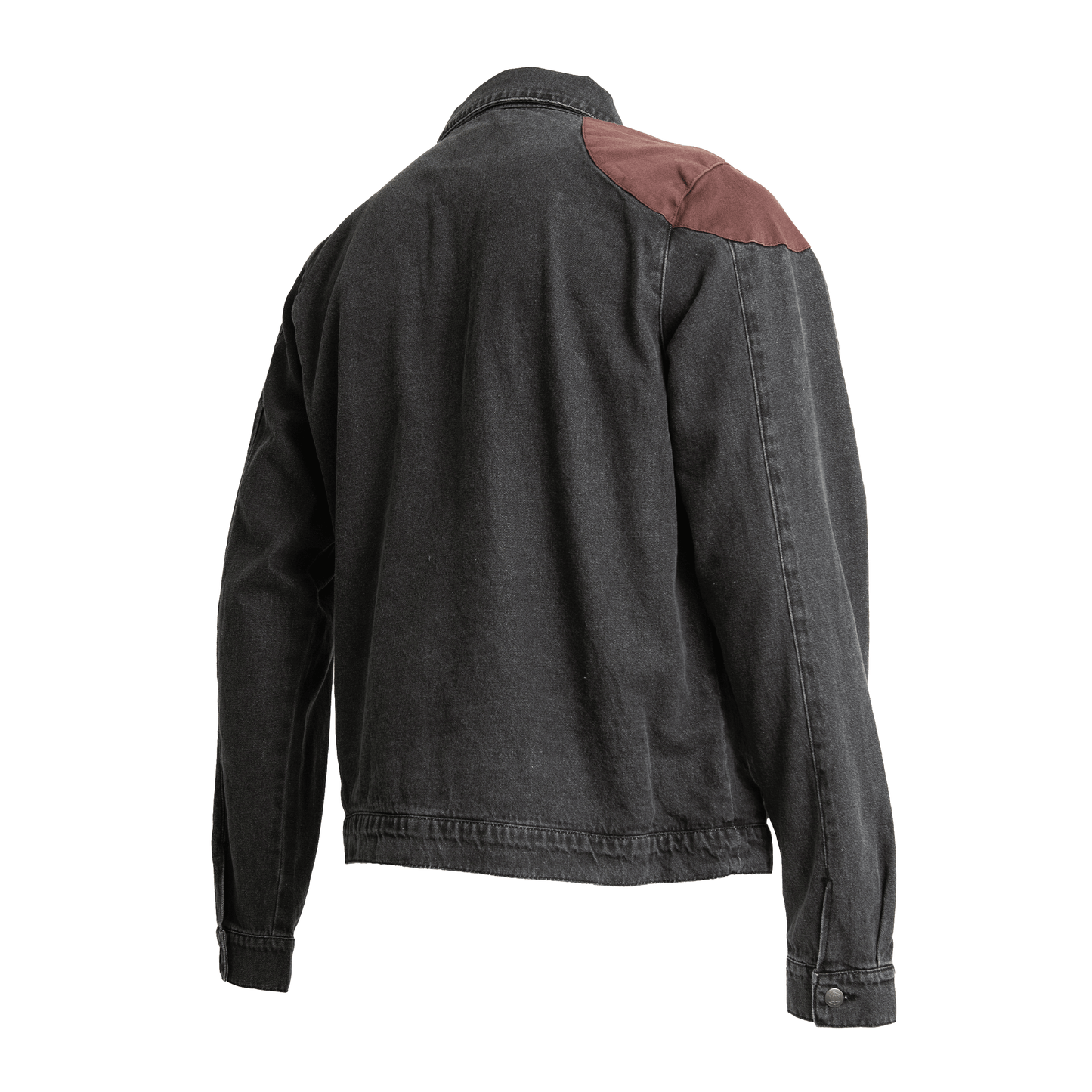 A faded dark grey denim jacket with brown fabric shoulder patches, viewed from the back