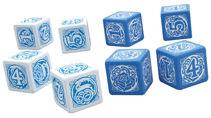 Eight white and blue dice float, displaying numbers, a dragon, and a rose symbol.
