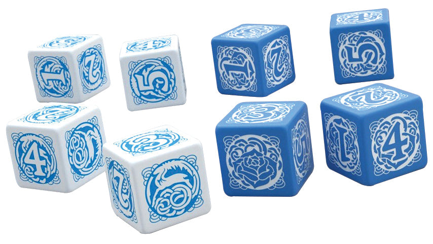 Eight white and blue dice float, displaying numbers, a dragon, and a rose symbol.