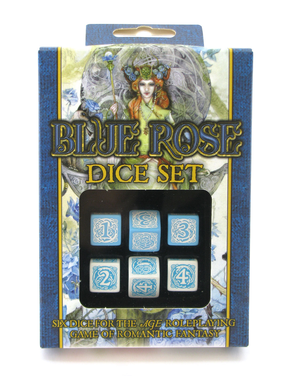 Blue Rose Dice Set box with fantasy art of a woman and blue roses, revealing six light blue/white dice with ornate numbers.