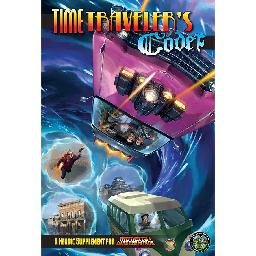 A pink futuristic car with passengers tumbles through a blue time vortex, with a flying person, a van, and historical buildings nearby