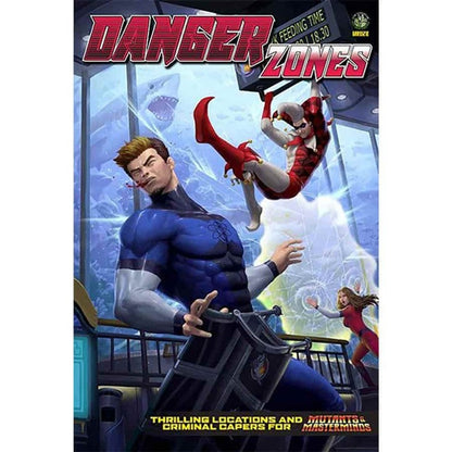 A blue-suited hero with a bloody face fights a red jester villain as a shark breaks a large aquarium window.