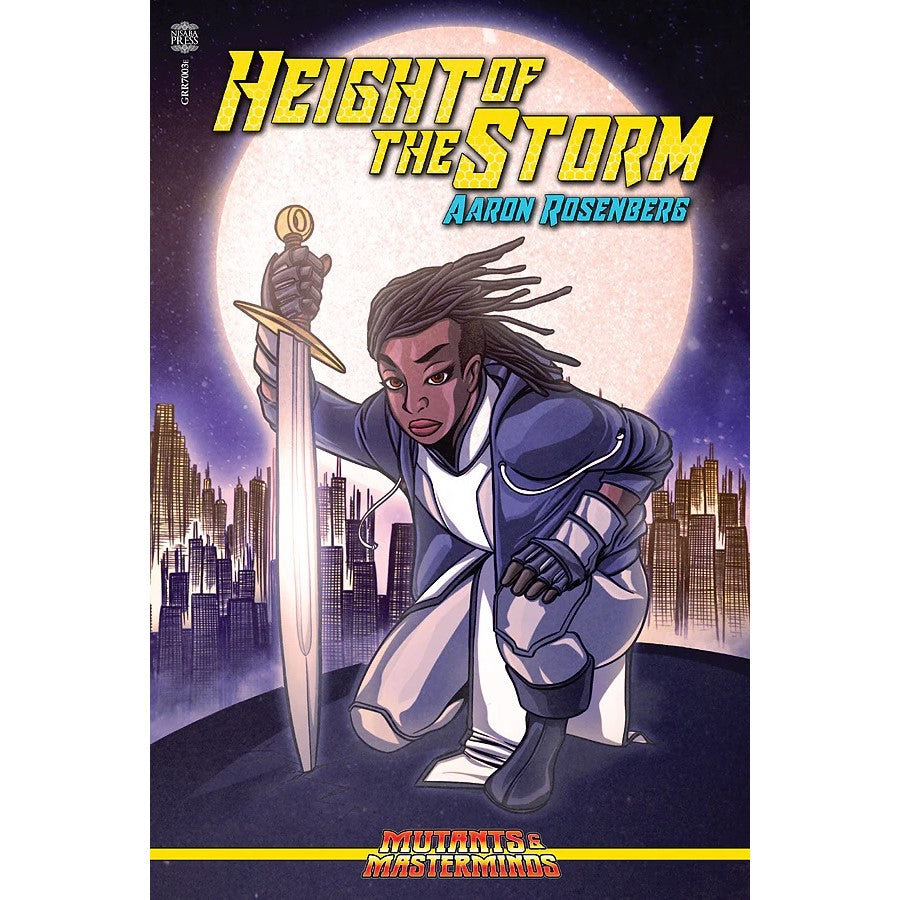 Comic book cover: Person with dreadlocks in blue & white armor kneels, holding a gleaming sword upright, city skyline & full moon.