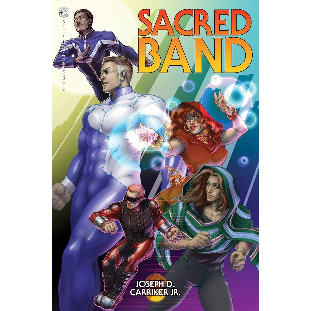 SACRED BAND comic cover: Five diverse heroes in action poses, two with glowing energy.