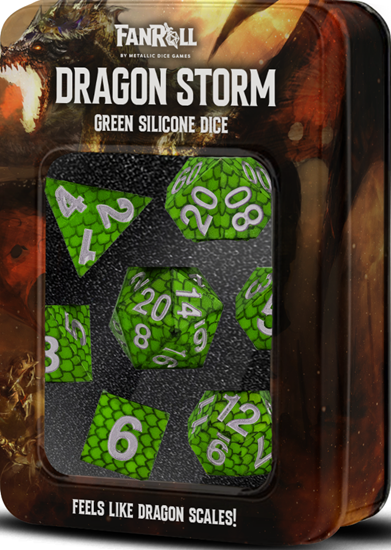 Metallic Dice Games - Silicone 16mm Poly Dice Set - Dragon Storm Silicone Green Dragon Scales - Good Games