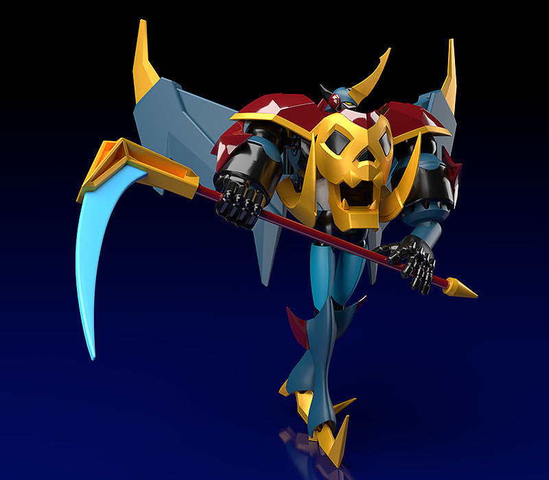 Gold skull-faced robot with red armor blue legs and scythe weapon