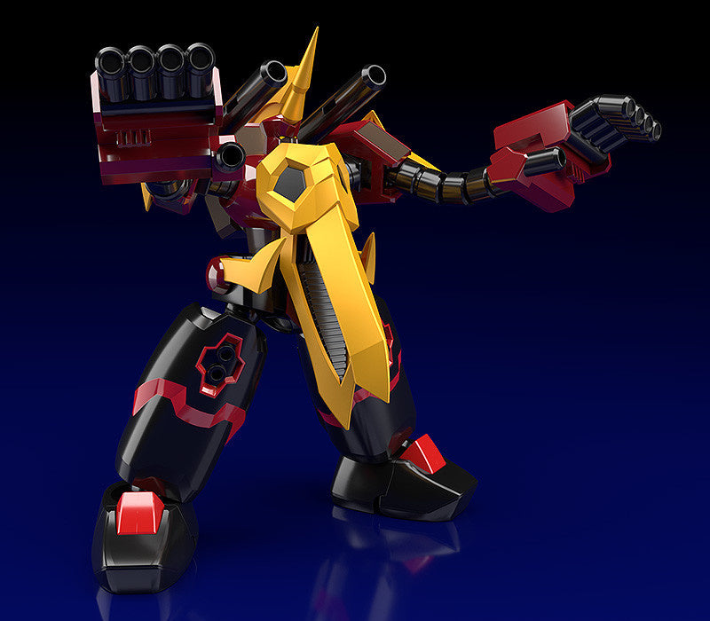 Mecha action figure in black red and yellow with multiple arm weapons