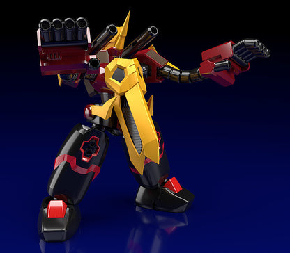 Mecha action figure in black red and yellow with multiple arm weapons