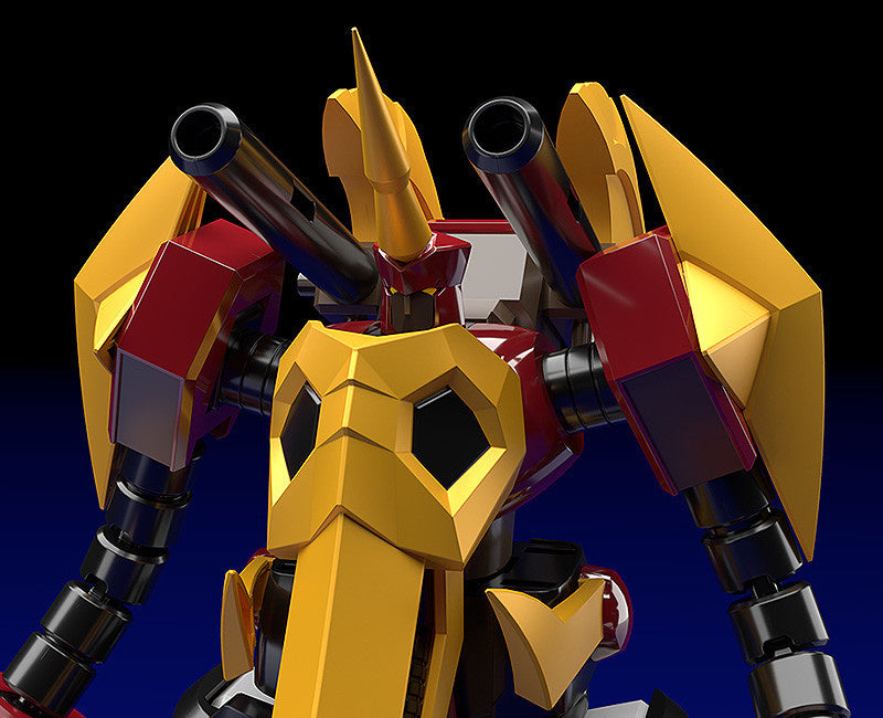 Close up of the metallic gold head and chest of a stylized robot with red accents and twin black cannons on its shoulders