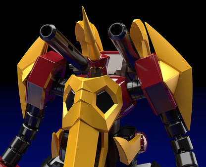 Close up of the metallic gold head and chest of a stylized robot with red accents and twin black cannons on its shoulders
