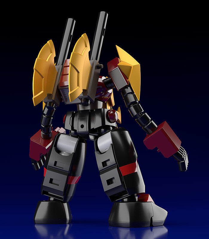 Black and red mecha action figure rear view with golden shoulder armor and backpack details standing