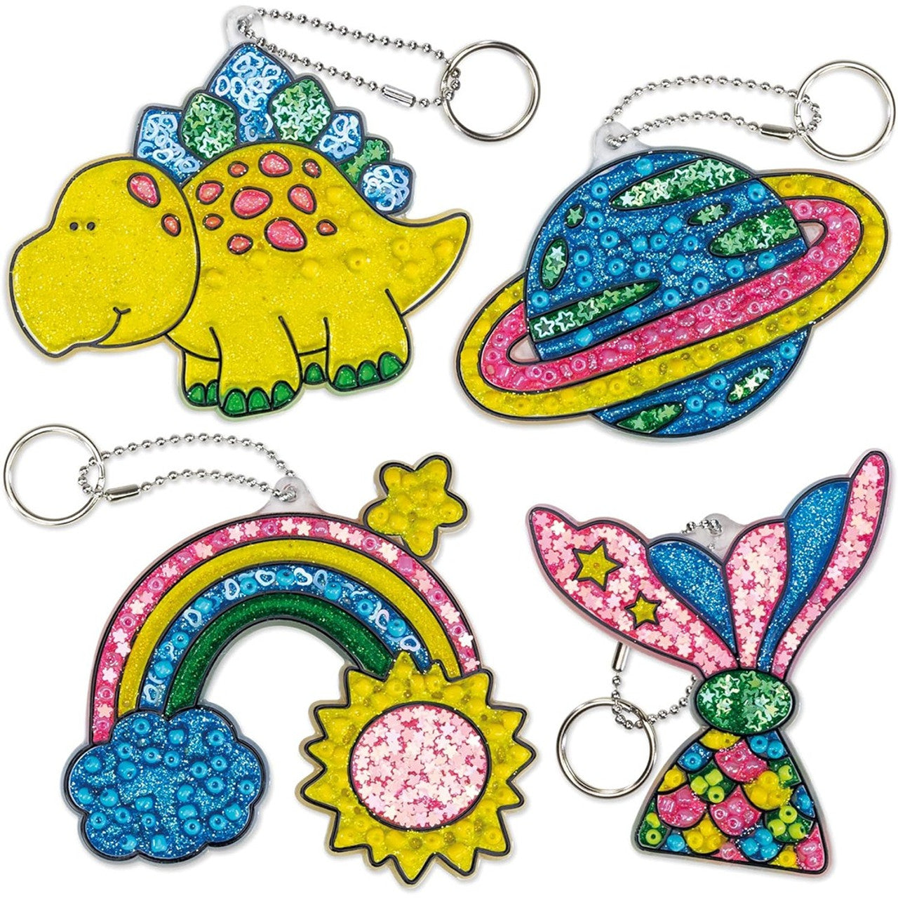 Four colourful glitter craft keychains: dinosaur, planet, rainbow and mermaid tail