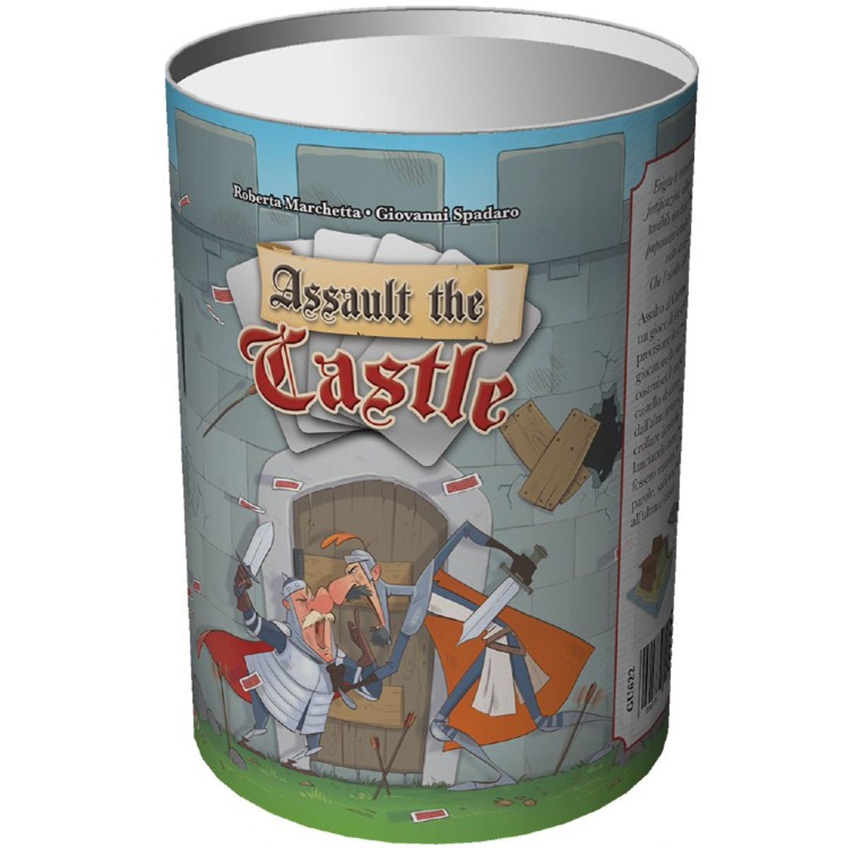 Assault the Castle game box. Two cartoon knights attack a wooden castle gate with a club and sword, surrounded by arrows.
