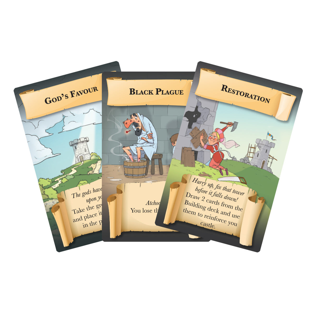 Three illustrated game cards: &quot;God&#39;s Favour&quot; (tower), &quot;Black Plague&quot; (sick man), &quot;Restoration&quot; (woman repairing castle).