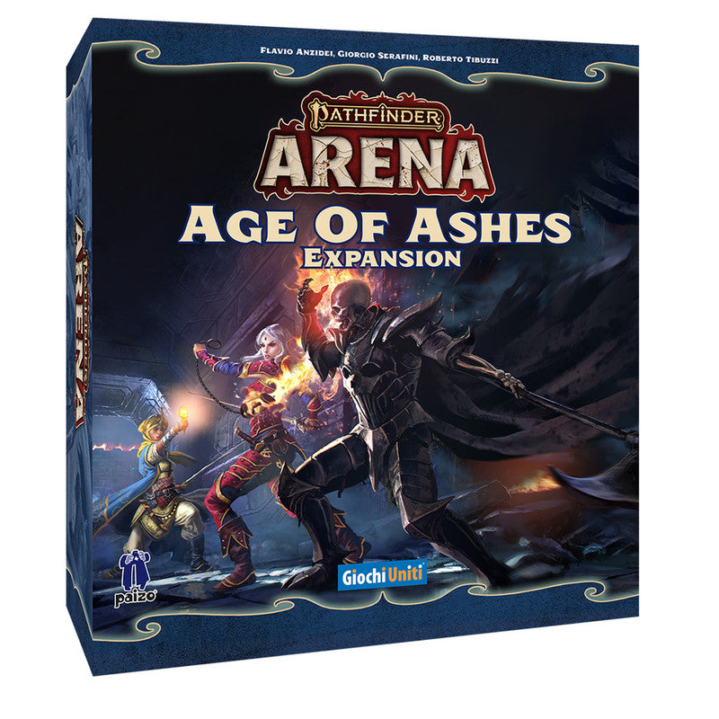Front box image of Pathfinder Arena: Age of Ashes Expansion featuring hero Nketiah and dragon-themed artwork in a fiery red and black color scheme