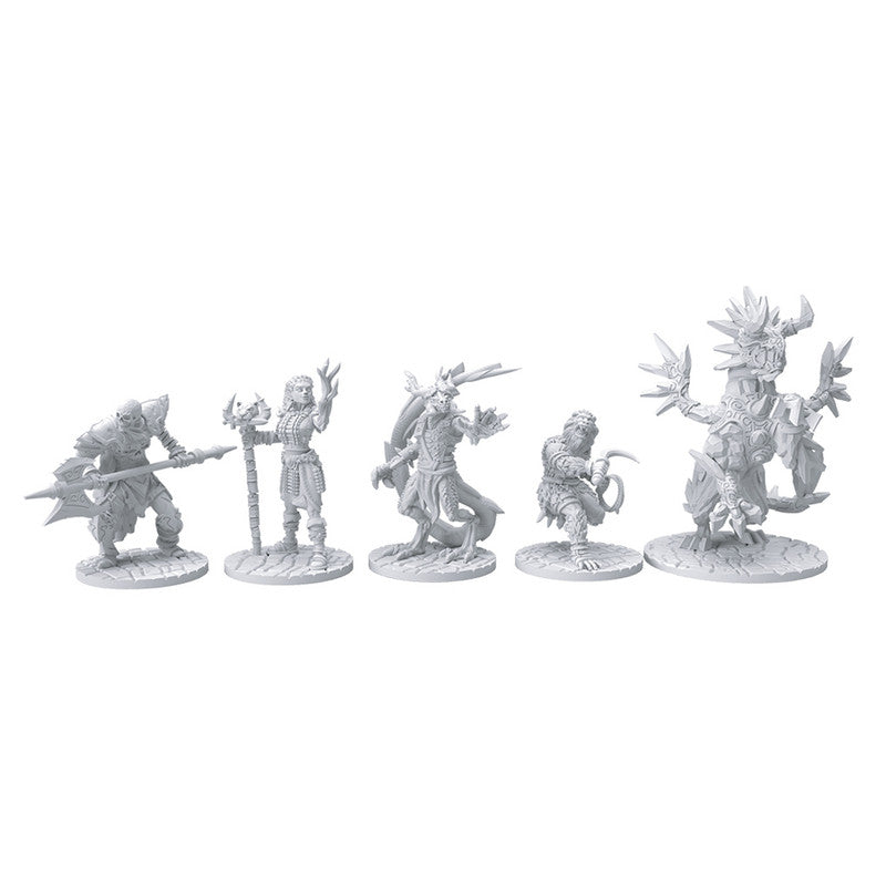 Close-up of game components from Pathfinder Arena: Age of Ashes Expansion including tokens, cards, and miniatures laid out for display