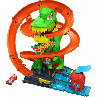 Hot Wheels T-Rex track set: green dinosaur holding banner, orange spiral ramp, and a red car beside it