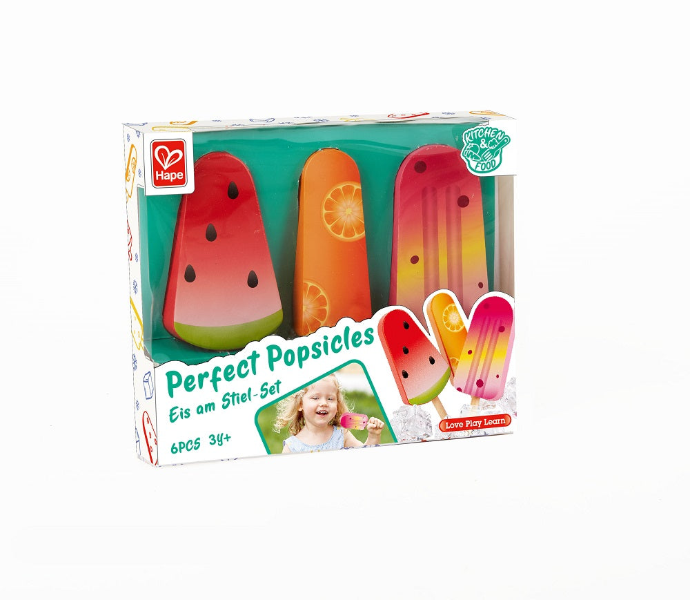 Hape Perfect Popsicles wooden toy set featuring three fruit-themed popsicles (watermelon, orange, and rainbow) in packaging