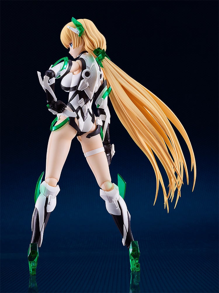 Back view of blonde anime action figure with blue eyes in a white and black sci-fi suit with green accents