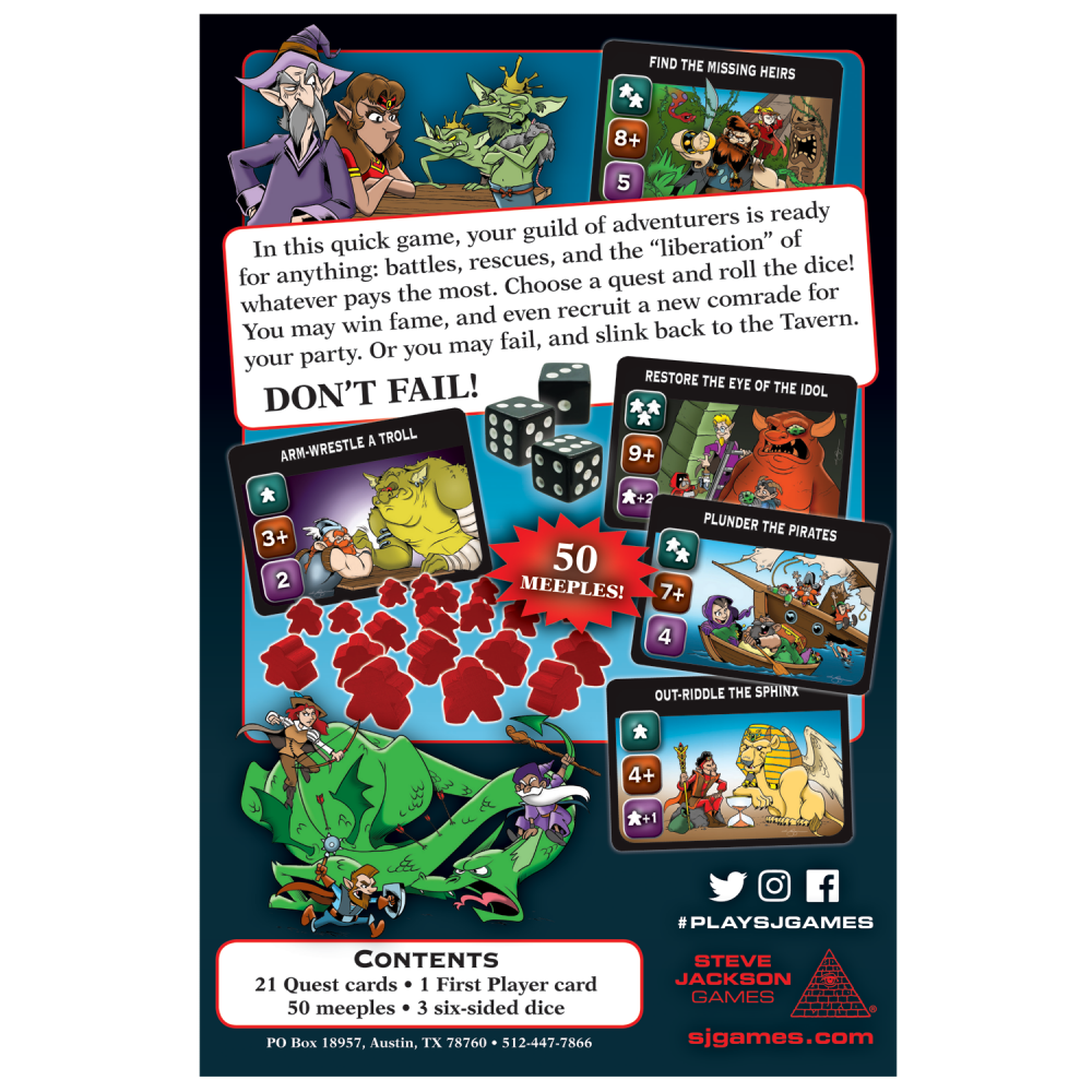 Hack & Slash Deluxe box back cover with quest cards, dice, red meeples, and illustrations of fantasy adventurers and creatures