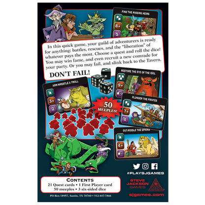 Hack & Slash Deluxe box back cover with quest cards, dice, red meeples, and illustrations of fantasy adventurers and creatures