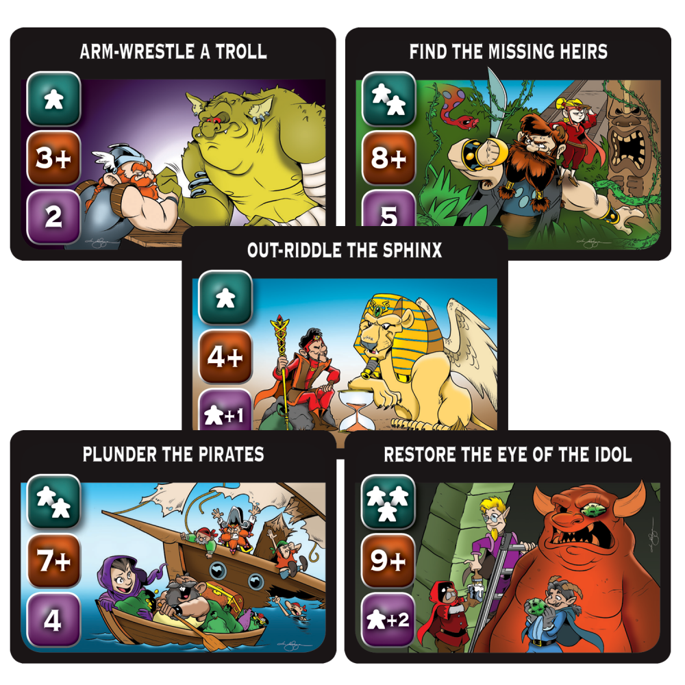 Five colorful fantasy adventure game cards displaying scenes of battling trolls, riddling a sphinx, and plundering pirates