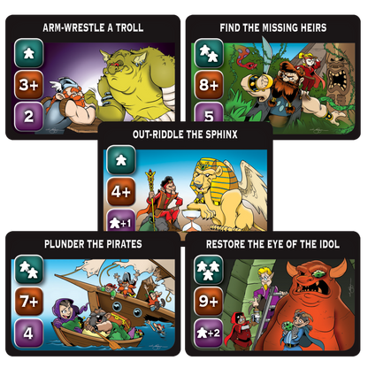 Five colorful fantasy adventure game cards displaying scenes of battling trolls, riddling a sphinx, and plundering pirates