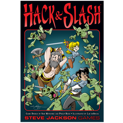 Cartoon heroes, including a barbarian and elf, fight green goblins on a "Hack & Slash" game cover