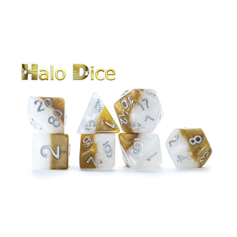 Halo Dice: A set of two-toned white and metallic gold polyhedral dice with silver numbers.