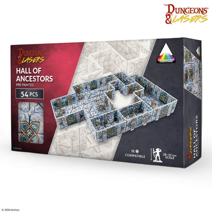 Dungeons & Lasers 'Hall of Ancestors' pre-painted modular dungeon terrain box, showing the assembled grey stone layout