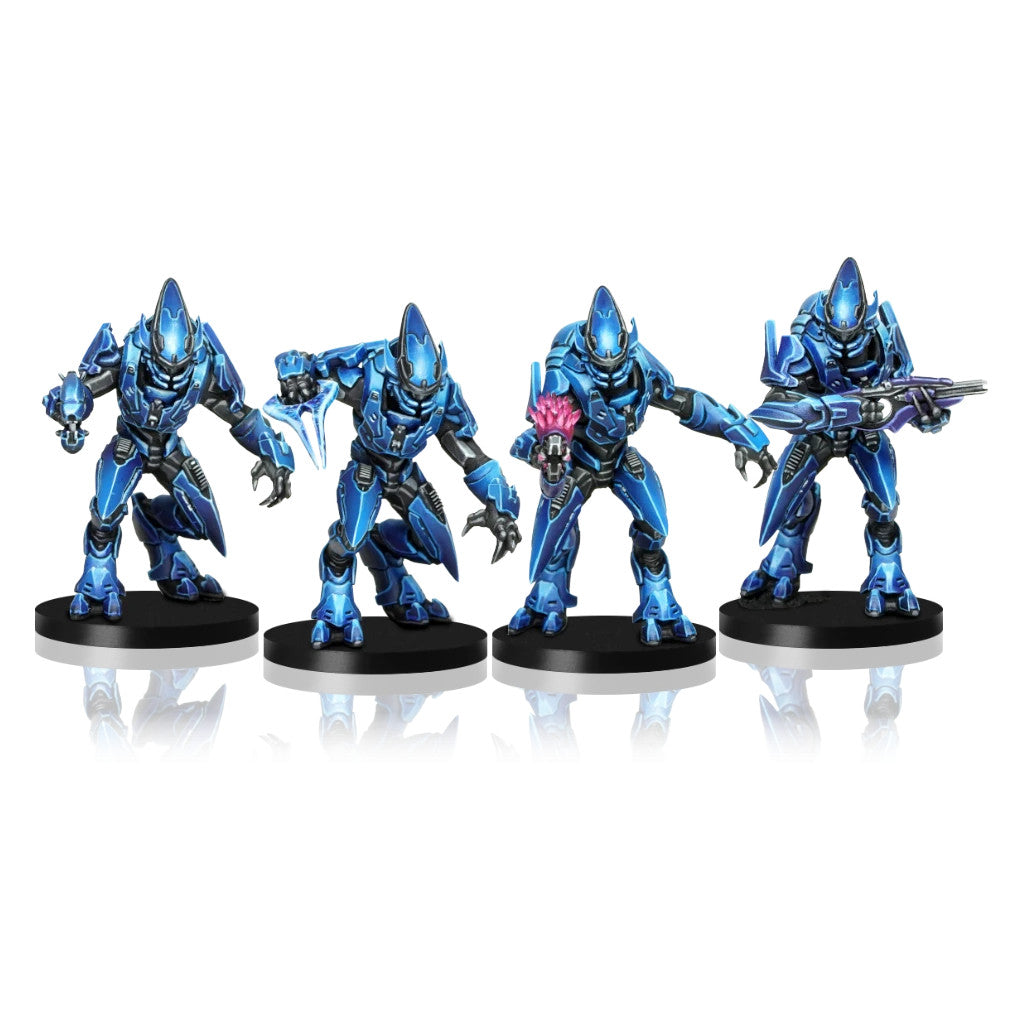 Four dynamically posed blue Covenant Elite miniatures (Halo), armed with an Energy Sword and plasma weapons