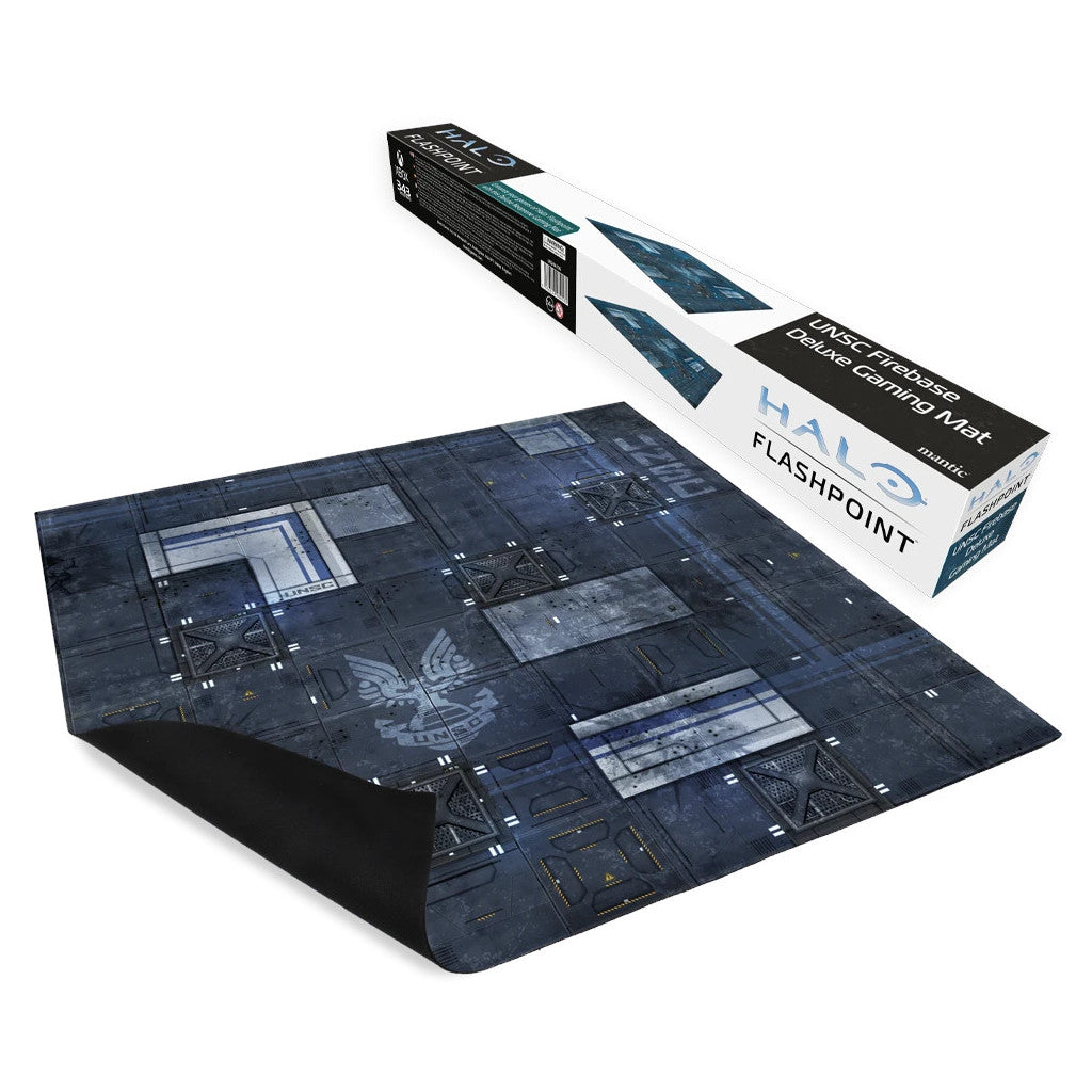 Unrolled Halo Flashpoint UNSC Firebase Deluxe Gaming Mat showing a dark, industrial design with UNSC logo, beside its box