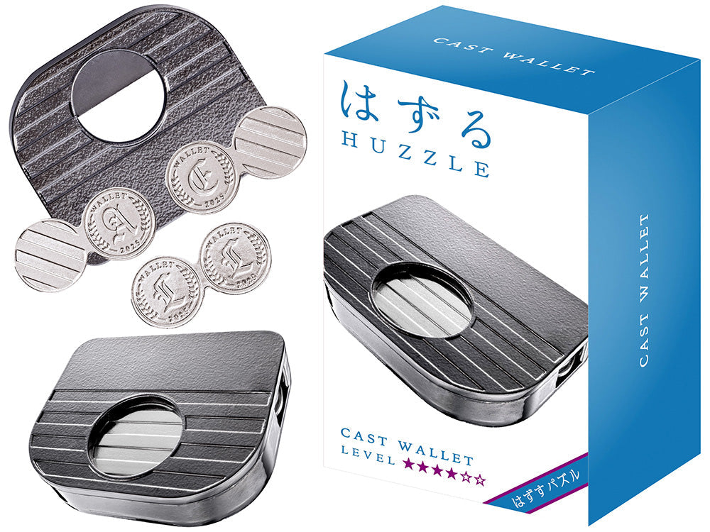 Dark gray metal Cast Wallet Huzzle puzzle set: striped coin holder, interlocking silver puzzle coins, and blue product box
